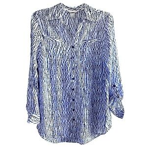 Christopher & Banks Long Sleeve Blouse Blue White Abstract Print Button Up Sz SM